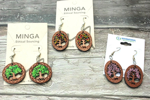 Wooden Tree of Life, Earrings, Colombia
