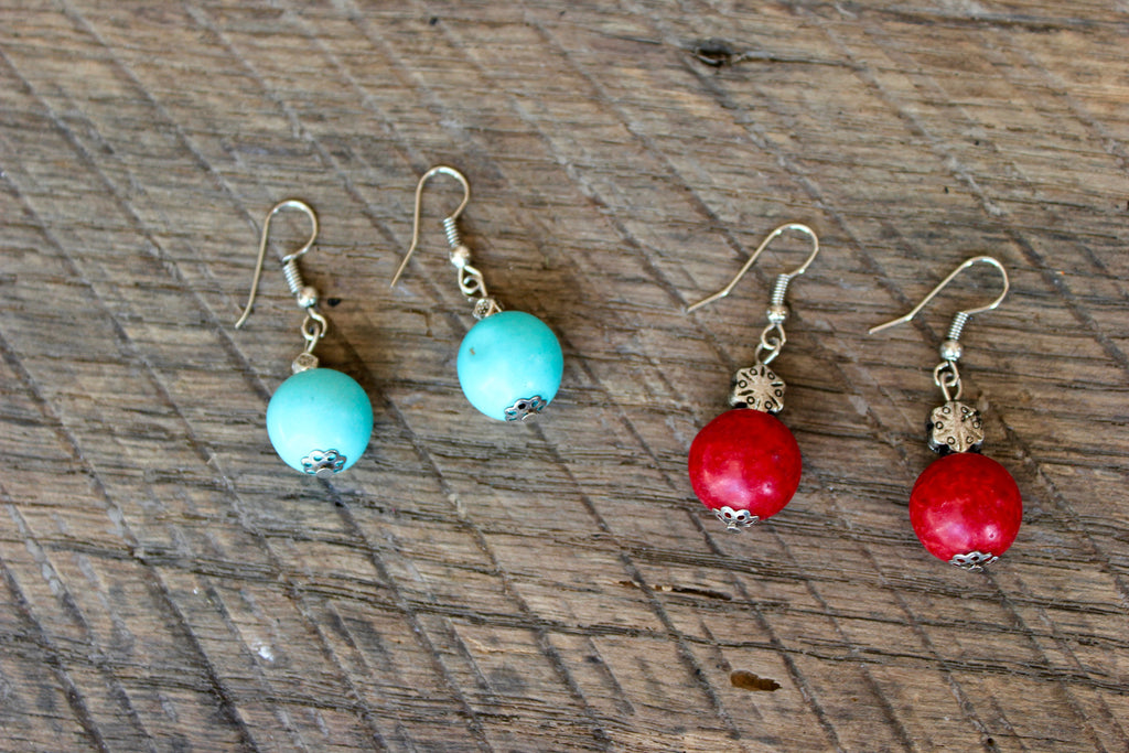 Turquoise or Red Ball Earrings, Thailand