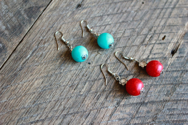 Turquoise or Red Ball Earrings, Thailand